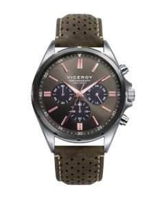 Reloj acero multifunción, correa piel