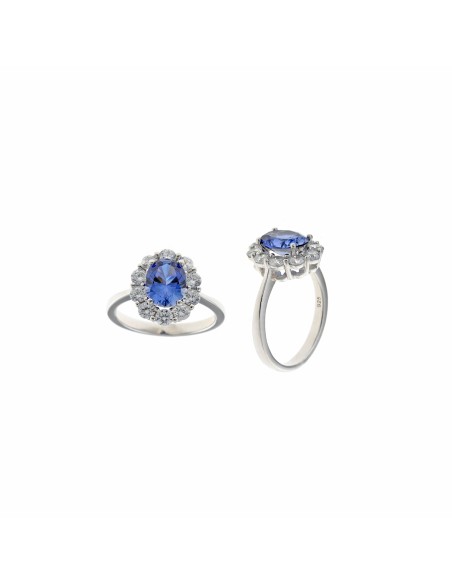 SORTIJA PLATA RODIO OVALO CRISTAL AZUL ZAFIRO ALREDEDOR CIRCONITAS BLANCAS BRILLANTES